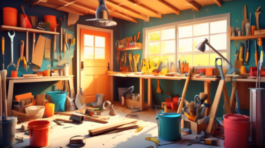 A construction crew renovating a cluttered garage into a charming guest house, with tools and building materials scattered around and sunlight streaming through a new window.