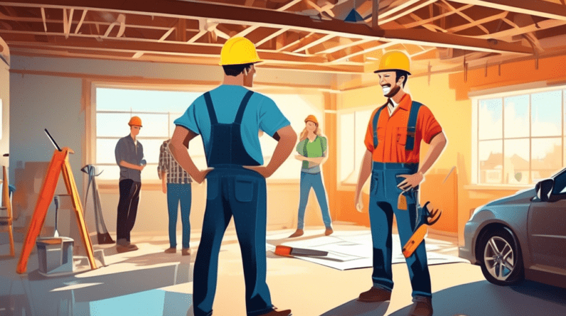 A construction worker in a hard hat and tool belt discussing blueprints with smiling homeowners in a garage, with one wall partially removed revealing a bright living space.