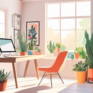 A bright and airy home office in a converted garage with large windows, minimalist desk, and potted plants.