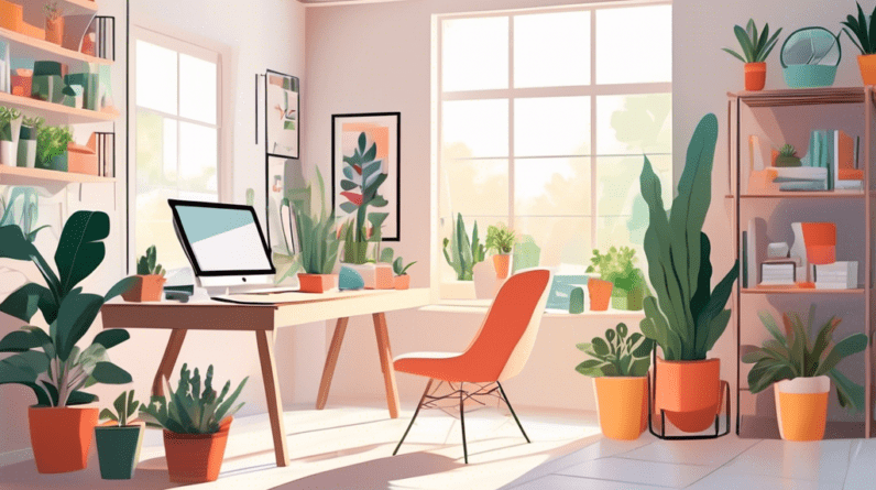 A bright and airy home office in a converted garage with large windows, minimalist desk, and potted plants.