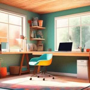 A bright and modern home office inside a converted garage, with large windows, a wooden desk, and a comfortable chair.