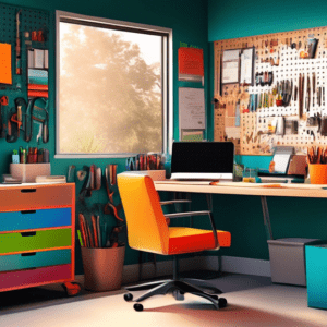 A brightly lit, organized home office inside a garage, with a desk facing garage door windows, tools neatly arranged on a pegboard wall, and a comfortable office chair.