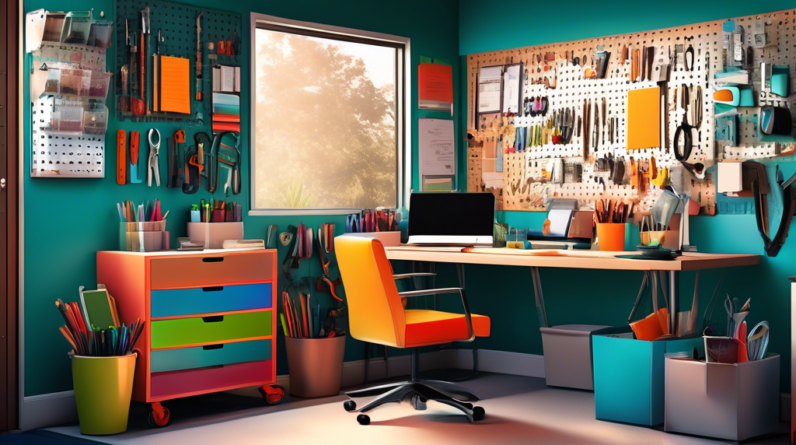 A brightly lit, organized home office inside a garage, with a desk facing garage door windows, tools neatly arranged on a pegboard wall, and a comfortable office chair.