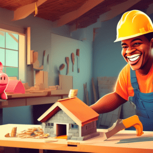 A construction worker smiling and pointing at a half-finished garage conversion with a piggy bank full of money sitting on a table saw in the foreground.