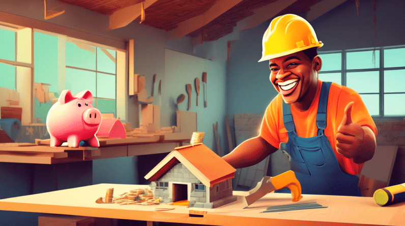 A construction worker smiling and pointing at a half-finished garage conversion with a piggy bank full of money sitting on a table saw in the foreground.