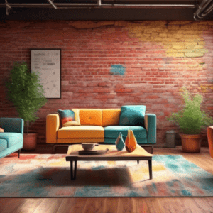 A cozy living room with exposed brick walls, comfortable furniture, and natural light, converted from a garage with visible remnants of a garage door.