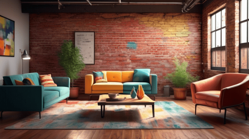 A cozy living room with exposed brick walls, comfortable furniture, and natural light, converted from a garage with visible remnants of a garage door.