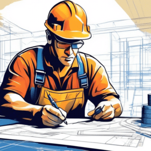 A construction worker in a hardhat sketching blueprints inside a garage with tools and building materials visible.