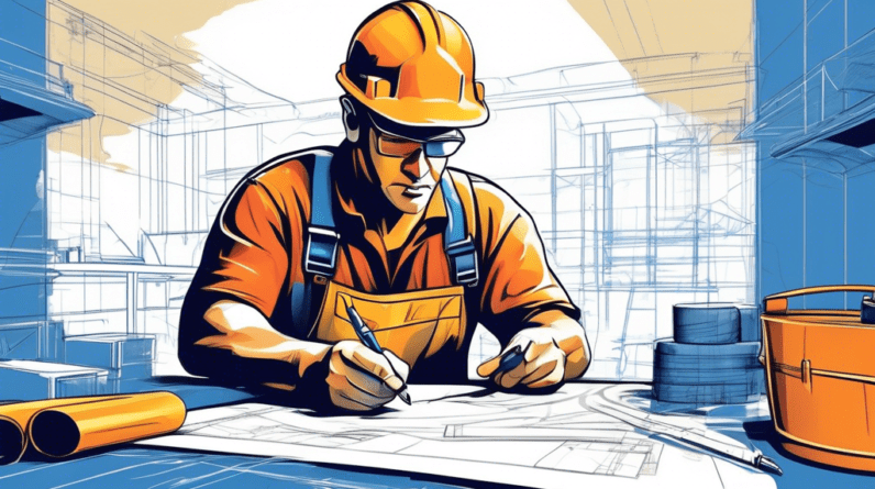 A construction worker in a hardhat sketching blueprints inside a garage with tools and building materials visible.