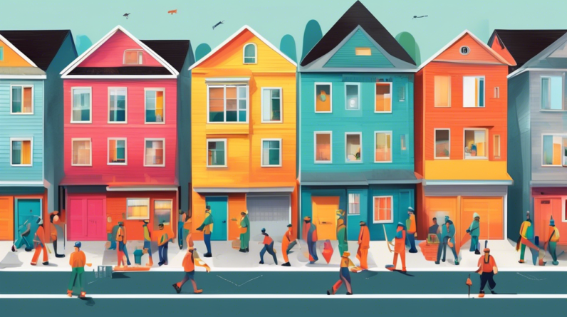 A crowded neighborhood street with a line of garages being transformed into small, brightly painted homes, with construction workers and new residents in front.