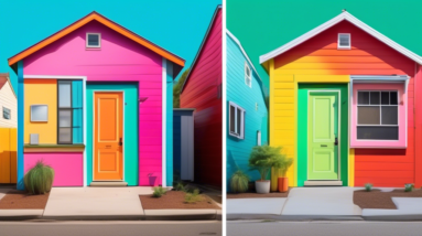 A split image with a rundown garage door on one side and a brightly painted, welcoming tiny home facade on the other.