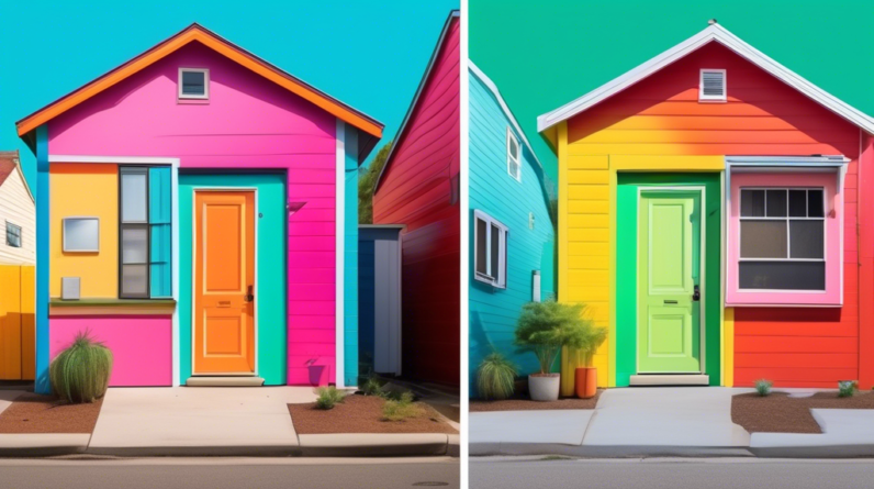 A split image with a rundown garage door on one side and a brightly painted, welcoming tiny home facade on the other.