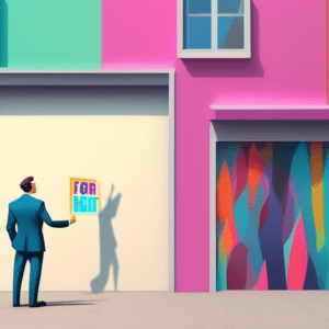 A hand turning a garage door into a colorful house facade with a For Rent sign, while a city official in a suit points at it approvingly.