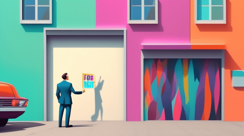 A hand turning a garage door into a colorful house facade with a For Rent sign, while a city official in a suit points at it approvingly.