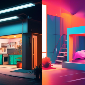 A split image with a rundown garage on one side and a brightly lit modern studio apartment with a small kitchen and bed on the other.