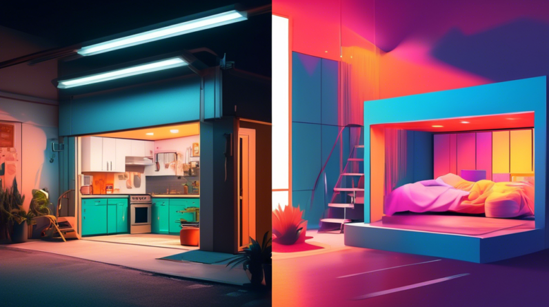 A split image with a rundown garage on one side and a brightly lit modern studio apartment with a small kitchen and bed on the other.