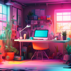 A messy garage transforming into a bright, organized office with a sleek desk, computer, and plants, with a translucent overlay of the original garage still visible.