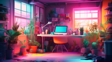 A messy garage transforming into a bright, organized office with a sleek desk, computer, and plants, with a translucent overlay of the original garage still visible.