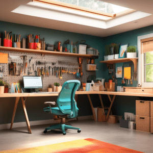 A well-lit, organized home office in a converted garage with a desk facing the open garage door, tools neatly organized on a pegboard wall, and natural light streaming in.