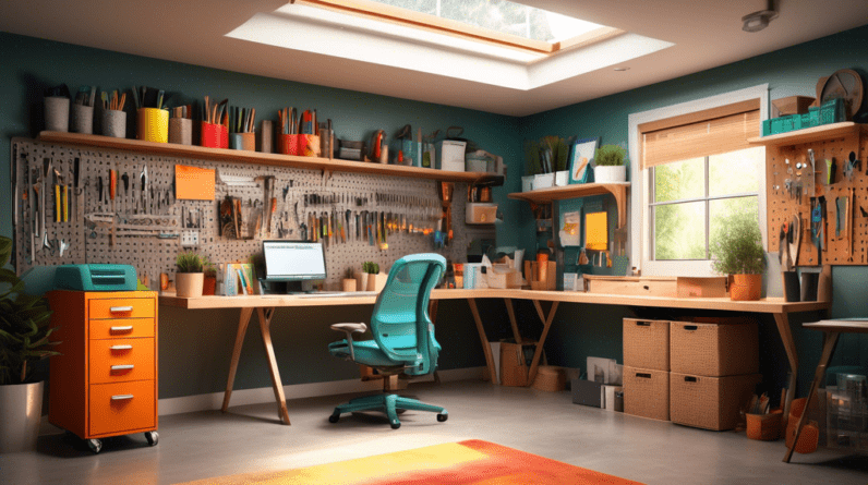 A well-lit, organized home office in a converted garage with a desk facing the open garage door, tools neatly organized on a pegboard wall, and natural light streaming in.