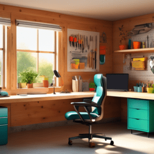 A well-lit, organized garage office with natural wood desk, ergonomic chair, large window overlooking a garden, and tools neatly organized on a pegboard wall.