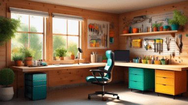 A well-lit, organized garage office with natural wood desk, ergonomic chair, large window overlooking a garden, and tools neatly organized on a pegboard wall.