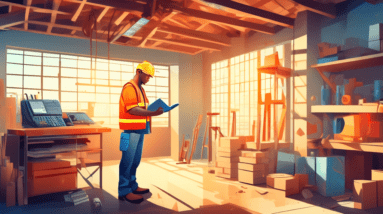 A construction worker standing in a garage, holding a calculator in one hand and blueprints in the other, with tools and building materials surrounding him and sunlight streaming in from the open gara