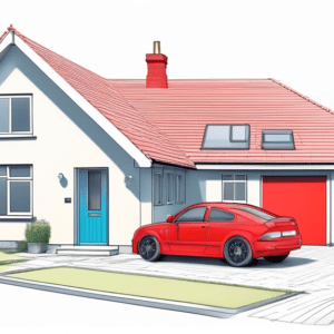 A detached garage with a red REJECTED stamp over a planning application showing blueprints for a three-bedroom home.