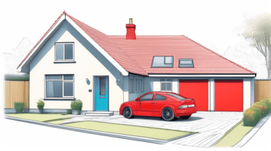 A detached garage with a red REJECTED stamp over a planning application showing blueprints for a three-bedroom home.