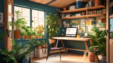 A cozy and functional home office squeezed inside a small garage, with a desk facing the open garage door, surrounded by plants and bathed in natural light.