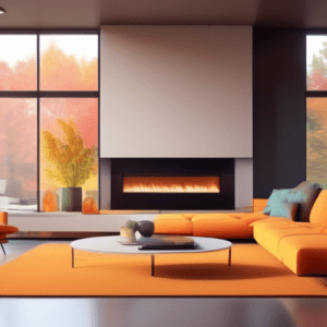 A modern, luxurious living room with large windows, a sectional sofa, and a fireplace, built inside a converted garage with visible garage door outlines on the wall.