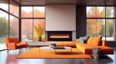 A modern, luxurious living room with large windows, a sectional sofa, and a fireplace, built inside a converted garage with visible garage door outlines on the wall.