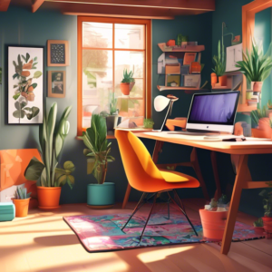 A cozy and productive home office inside a garage, with natural light, plants, and a stylish desk setup.