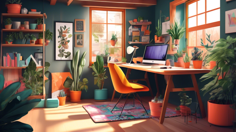 A cozy and productive home office inside a garage, with natural light, plants, and a stylish desk setup.