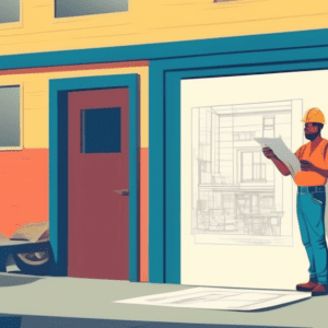 A construction worker holding a building permit, reviewing blueprints in front of a garage being converted into a living space.