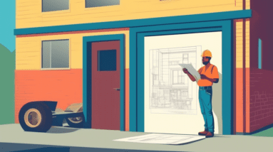 A construction worker holding a building permit, reviewing blueprints in front of a garage being converted into a living space.