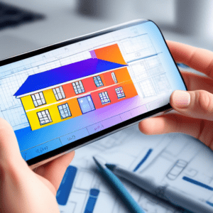 A hand holding a smartphone with a Garage Conversion Cost Calculator app open on the screen, superimposed over a blueprint of a garage conversion with a transparent overlay showing a finished living s