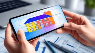 A hand holding a smartphone with a Garage Conversion Cost Calculator app open on the screen, superimposed over a blueprint of a garage conversion with a transparent overlay showing a finished living s