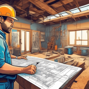 A construction worker in a hardhat examines blueprints inside a garage that is being converted into a living space, with tools and building materials visible.