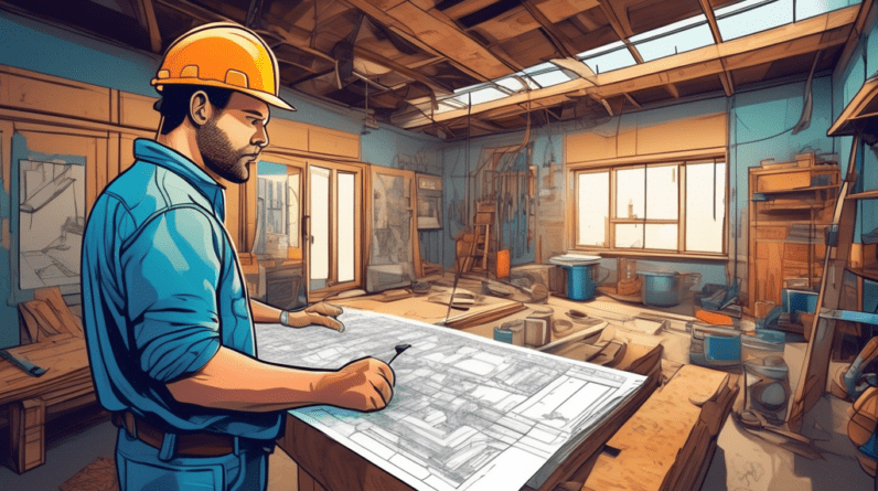 A construction worker in a hardhat examines blueprints inside a garage that is being converted into a living space, with tools and building materials visible.