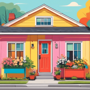 A brightly painted, detached garage with a front door, windows, and a flower box, nestled among larger homes, with a For Rent sign that says Affordable Housing Option in front.