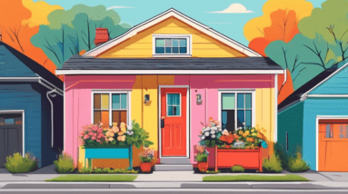 A brightly painted, detached garage with a front door, windows, and a flower box, nestled among larger homes, with a For Rent sign that says Affordable Housing Option in front.