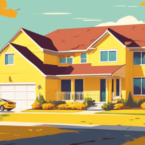 A split-level suburban house with a bright yellow For Rent sign on the overgrown lawn, the garage door replaced with a wall, window, and front door, a family unpacking boxes inside.