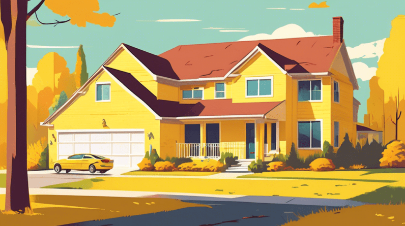 A split-level suburban house with a bright yellow For Rent sign on the overgrown lawn, the garage door replaced with a wall, window, and front door, a family unpacking boxes inside.