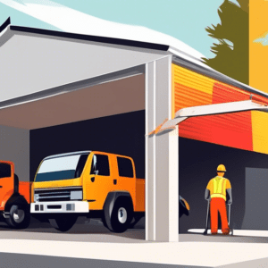 A construction crew building a porch canopy over the entrance of a newly converted, modern garage.